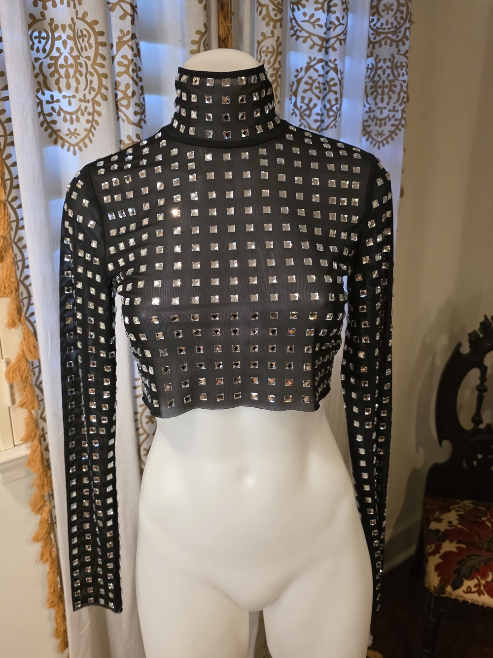 NBD Black Studded Sheer Mesh Crop Turtleneck